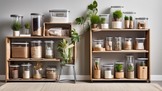Create an image of a stylish and organized living space showcasing a variety of upcycled storage containers. Each container should have a unique and creative design, incorporating elements from different materials such as glass, wood, metal, and fabr