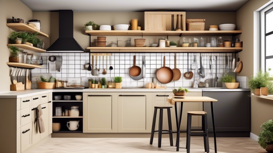 Create an image of a small, compact kitchen with limited storage space, featuring innovative overhead storage solutions such as hanging baskets, wall-mounted shelves, and DIY storage racks to maximize organization and functionality. The design should