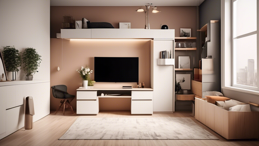 Create an image of a small, modern city apartment with sleek, minimalist storage solutions that maximize space efficiency. Show innovative furniture pieces like a hidden storage bed, wall-mounted shelves, and multi-functional furniture that serve dua