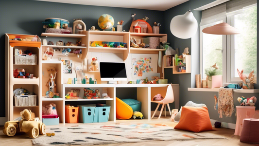 Create an image of a small, cluttered playroom with limited space, showcasing innovative and thoughtful smart toy storage solutions like wall-mounted shelves, multi-functional furniture with hidden compartments, and hanging organizers to keep the spa