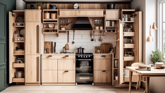 Create an image of a tiny home kitchen that cleverly utilizes every inch of space for storage, showcasing innovative storage solutions such as pull-out shelves, hidden cabinets, multi-functional furniture, and vertical storage options. The image shou