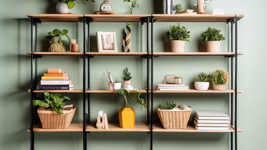 Create an image of a modern, stylish shelf organization system that utilizes unique and creative solutions to keep a home tidy and clutter-free. Show various shelves with clever organization ideas such as decorative baskets, labeled containers, color