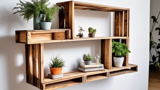 Create an image of a modern and stylish shelving unit made entirely of upcycled materials, demonstrating innovative and eco-friendly design for a tidy and organized home. Show how old crates, pallets, and other discarded items can be repurposed into 