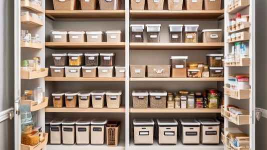 Create an image of a small pantry with limited shelf space but organized efficiently with labeled bins, vertical shelving, and space-saving storage solutions such as door racks and hanging baskets. Include a variety of pantry items neatly arranged to