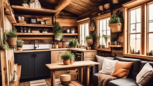 Create an image of a cozy and stylish tiny house interior with clever storage solutions, showcasing rustic elements like reclaimed wood shelves, hanging baskets, and storage crates. The space should feel warm and inviting, blending practicality with 