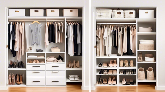 Create an image of a small, cluttered closet transformed into an organized and functional space using various closet organizers such as hanging shelves, storage bins, shoe racks, and clothing dividers. Show before and after shots to visually demonstr
