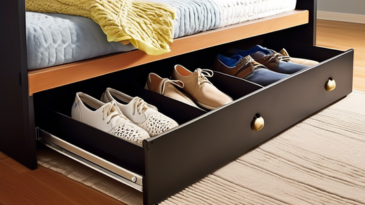 Create an image of a stylish and efficient under-bed storage solution for a dorm room. Show various compartments and organizers that optimize space, such as pull-out drawers, adjustable shelves, and compartments for shoes, clothing, and school suppli