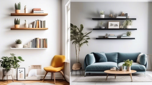 Create an image of a small living room with limited space, showcasing 10 unique floating shelf designs. Each shelf should have a different creative design and be visually appealing while also practical for storage. The shelves should be varied in siz
