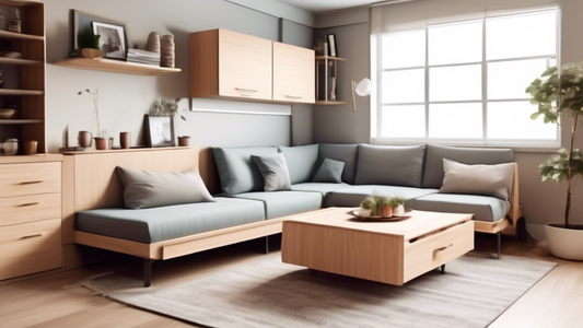 Create an image of a compact studio apartment with innovative space-saving furniture such as a murphy bed, foldable dining table, hidden storage solutions, and convertible seating options. Show how these furniture pieces optimize the use of space whi