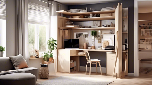 Create an image of a cozy and stylish studio apartment with clever storage solutions for small spaces, featuring a wall-mounted desk with storage shelves above, a multi-functional storage ottoman, a collapsible dining table with hidden storage compar