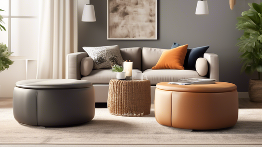 Create an image of three different storage ottomans placed in a small and cozy living room setting, showcasing their designs, sizes, and functionalities to help maximize storage in tight spaces. Each ottoman should be styled in a way that highlights 