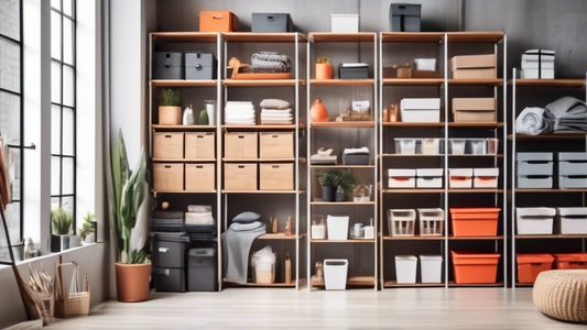 Create an image of a well-organized loft space with labeled storage solutions such as sturdy shelves, hanging racks, and neatly stacked storage bins, showcasing how to maximize storage efficiency in a loft setting.