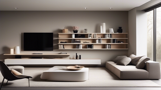 Create an image of a modern living room space with stylish floating wall storage solutions. Show sleek and minimalistic shelves, cabinets, and bookcases seamlessly integrated into the wall design, providing both functional storage and aesthetic appea