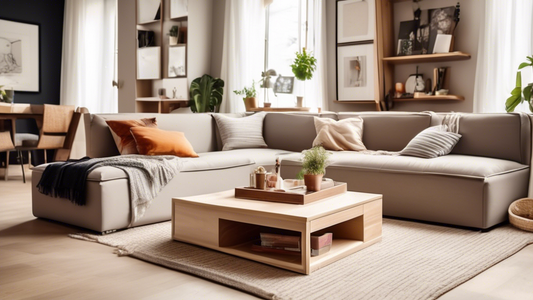 Create an image of a small apartment living room with creative storage solutions, such as under-the-bed storage, wall-mounted shelves, and multi-functional furniture pieces like a coffee table with built-in drawers and a sofa with hidden compartments