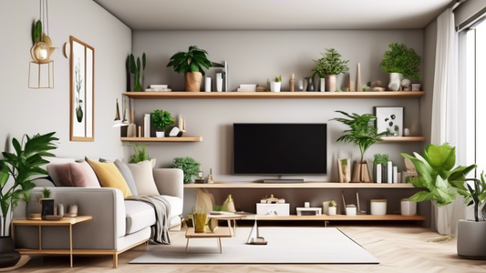Create an image of a modern living room with top corner shelving ideas showcasing various decorative items such as plants, books, vases, and photo frames. The corner shelves should be wooden and stylishly designed to blend seamlessly with the room's 