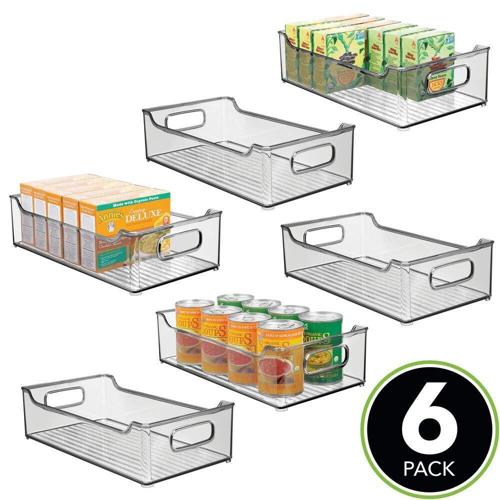 On amazon mdesign wide stackable plastic kitchen pantry cabinet refrigerator or freezer food storage bin box basket with handles organizer for fruit yogurt snacks pasta 14 5 long 6 pack smoke gray