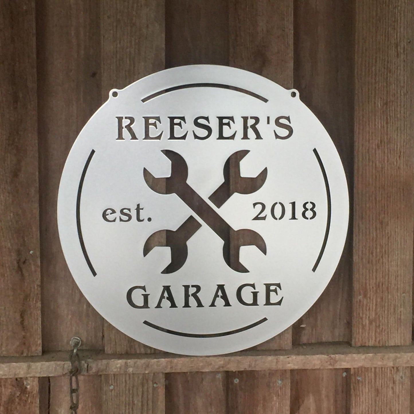 Custom Metal Garage or Tool Shed Sign with Crossed Wrenches in Color of Your Choice - Multiple Sizes Available