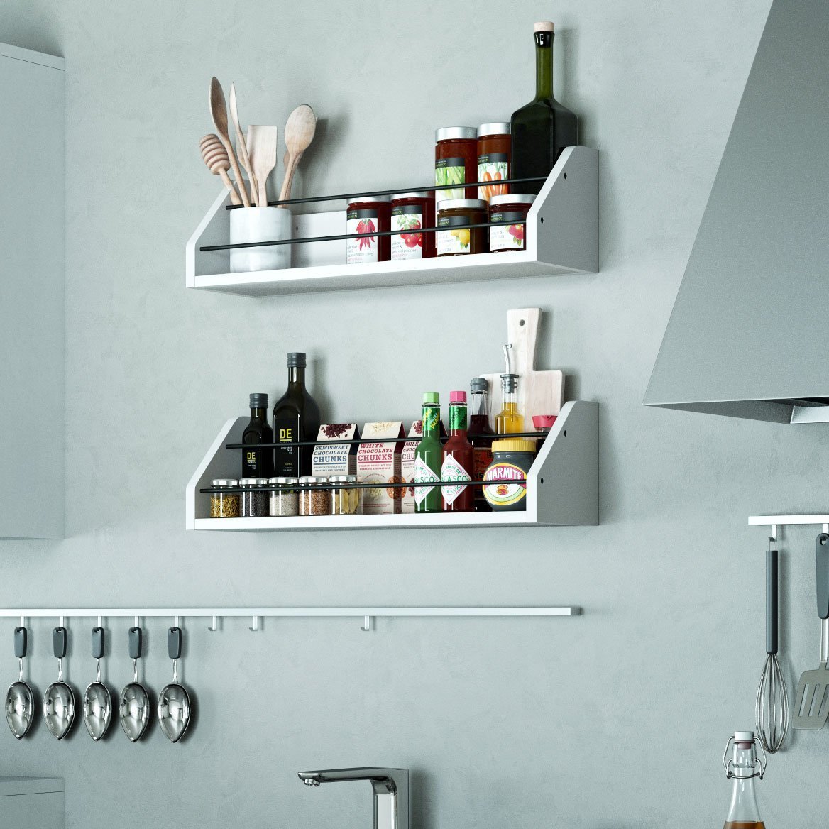 Top kitchen white wall shelf with black metal section railing great for spice dressing jar display organizer storage rack each shelf is 24 inch