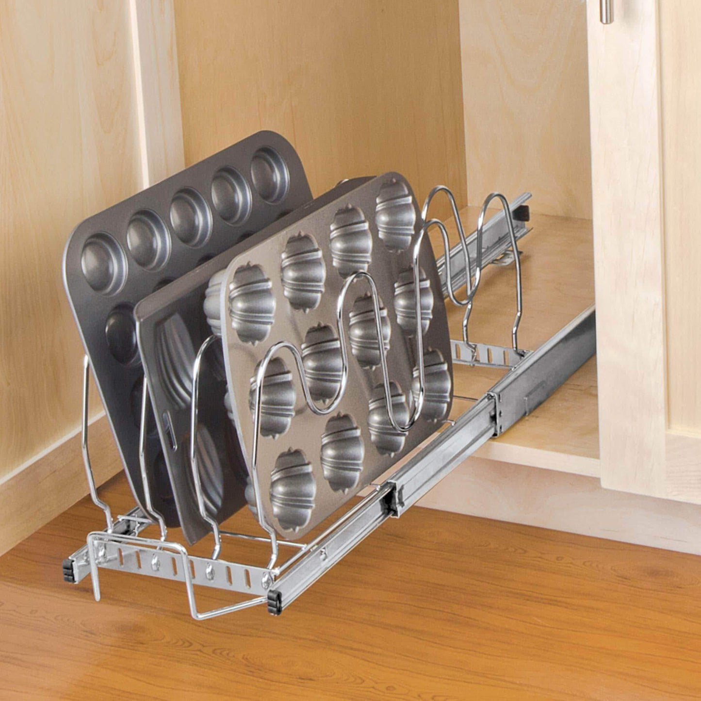 Shop here smart design expandable roll out lid bakeware organizer w adjustable dividers hardware long steel metal holds 100 lbs cabinets cookware items kitchen 21 40 x 8 5 inch chrome