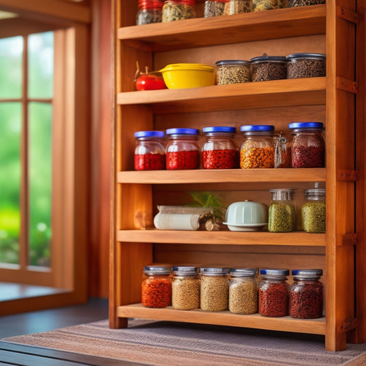 A beautifully organized spice rack featuring multiple tiers, showcasing a variety of colorful spice jars, herbs, and labels. The wood finish of the rack contrasts with vibrant spices, illuminated by warm kitchen lighting.