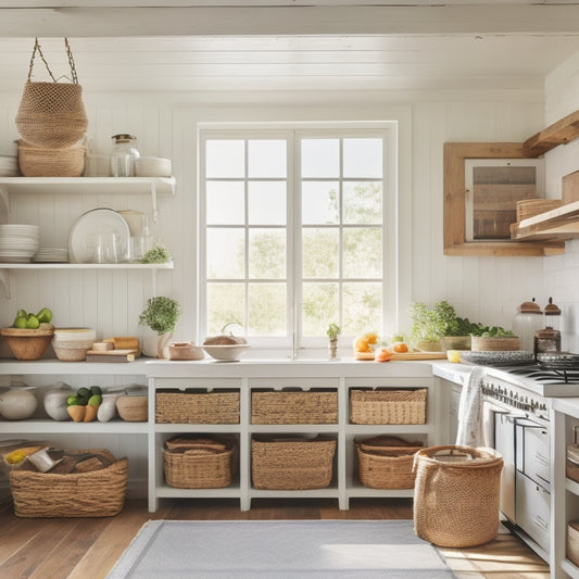 A bright, airy kitchen with reclaimed wood shelves, filled with vintage cookbooks, glass jars, and woven baskets, against a crisp white wall, beneath a wooden beam ceiling.