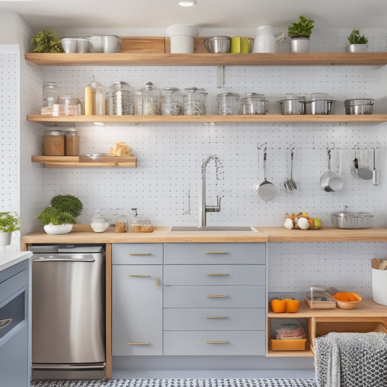 A tidy, modern kitchen with white countertops, light wood cabinets, and stainless steel appliances; a wall-mounted pegboard with hanging utensils, a pull-out spice rack, and a compact trash can.