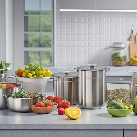 A sleek, modern kitchen counter with a set of matching stainless steel containers in various sizes, featuring airtight lids and ergonomic handles, surrounded by fresh fruits and vegetables.