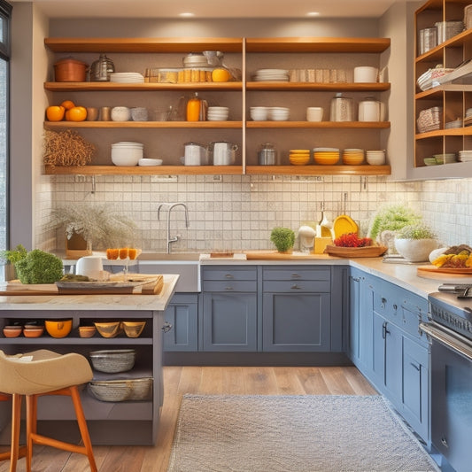 A cozy, modern kitchen featuring sleek, multi-functional cabinet organizers. Show vibrant spices in pull-out racks, a hidden dish drying area, and neatly arranged pots and pans, all maximizing vertical space in a warm, inviting atmosphere.