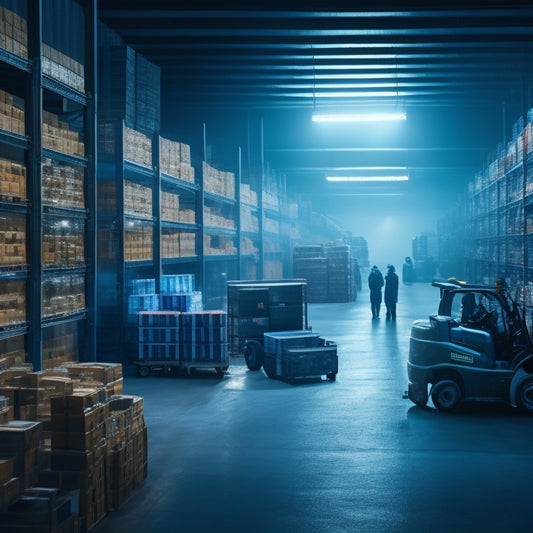 A dimly lit warehouse with rows of temperature-controlled shelves, filled with stacks of frozen food and medicine, surrounded by forklifts and workers in thermal jackets, amidst a backdrop of icy blue hues.