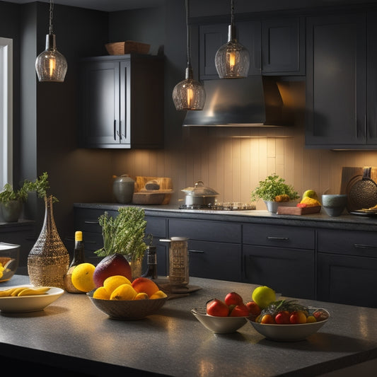 A modern kitchen scene featuring sleek under-cabinet lights illuminating dark granite countertops, highlighting shiny utensils and vibrant fruits, with a warm ambiance created by soft lighting and subtle shadows against a stylish backsplash.