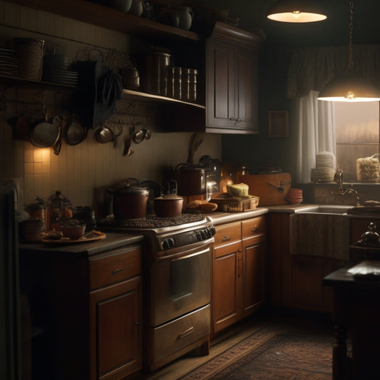 A dimly lit kitchen with warm, golden lighting, cluttered countertops, and dusty corners, featuring a mysterious, shadowy figure lurking behind a stack of old cookbooks and forgotten appliances.