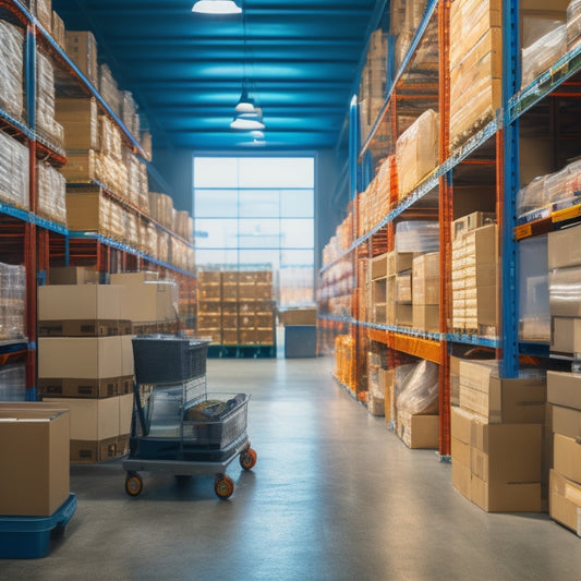 A tidy, modern warehouse with organized shelves, labeled boxes, and a tablet displaying a spreadsheet, surrounded by colorful folders, pens, and a cup of coffee, under a bright, natural light.