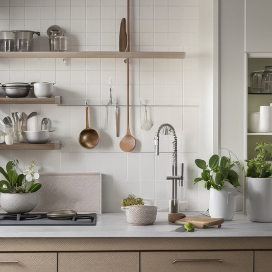A serene kitchen with a few, carefully placed, minimalist decor items, a single, blooming orchid on the counter, and a few, neatly arranged, cooking utensils hanging from a pegboard.