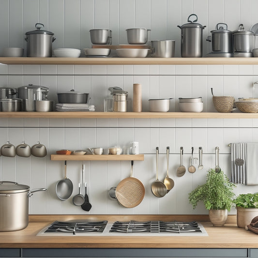 A clutter-free, minimalist kitchen with a few pots and pans hanging from a pegboard above a countertops, and a pull-out drawer beneath, revealing a hidden storage space filled with more cookware.