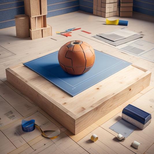 A stylized illustration of a wooden plyometric box in mid-air, surrounded by scattered blueprints, pencils, and measuring tapes, with a subtle background of a gym or training area.