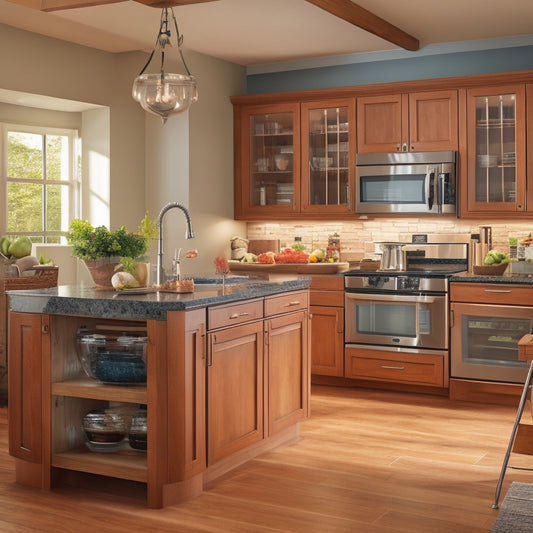 A tidy kitchen with warm wooden cabinets, stainless steel appliances, and a large island in the center, featuring a custom-built storage unit with pull-out baskets and a built-in wine rack.