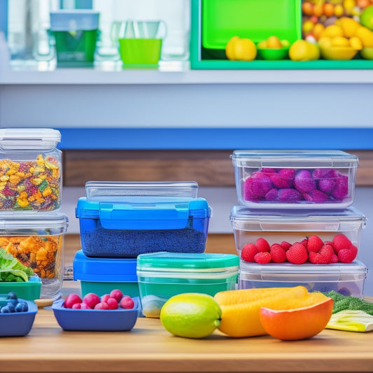 A colorful, well-organized kitchen counter with a variety of meal prep containers in different shapes, sizes, and materials, surrounded by fresh fruits and vegetables.