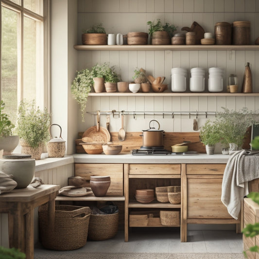 A tidy kitchen with 3-4 open shelves in a rustic wooden tone, adorned with a few cookbooks, a small potted herb plant, and a few decorative ceramic vases, against a soft, creamy background.