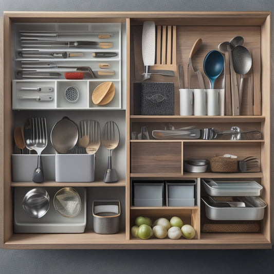 A tidy kitchen drawer with multiple compartments, showcasing a variety of utensil organizers, including adjustable dividers, silicone inserts, and wooden trays, filled with neatly arranged utensils and cookware.