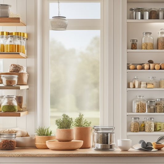 A bright, organized kitchen with adjustable shelf inserts, showcasing neatly arranged spices, jars, and utensils. Soft natural light filters through a window, highlighting the clean lines and decluttered space of the shelves.