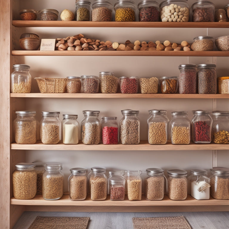 A beautifully organized pantry featuring wooden shelves overflowing with clear glass jars filled with colorful spices, rustic baskets holding fresh produce, and labeled containers with grains, all illuminated by warm, natural light.