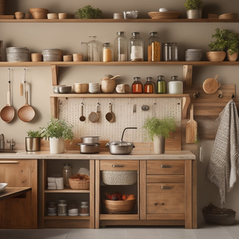 A compact kitchen with a mix of modern and rustic elements, featuring a wooden island with built-in utensil organizers, a pegboard with hanging pots, and a wall-mounted spice rack with small glass jars.