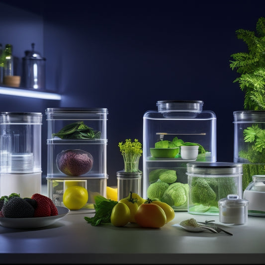 A modern kitchen counter with sleek, futuristic containers in various sizes and shapes, featuring transparent bodies, silver lids, and soft-glow LED strips, illuminated from within, surrounded by fresh produce.