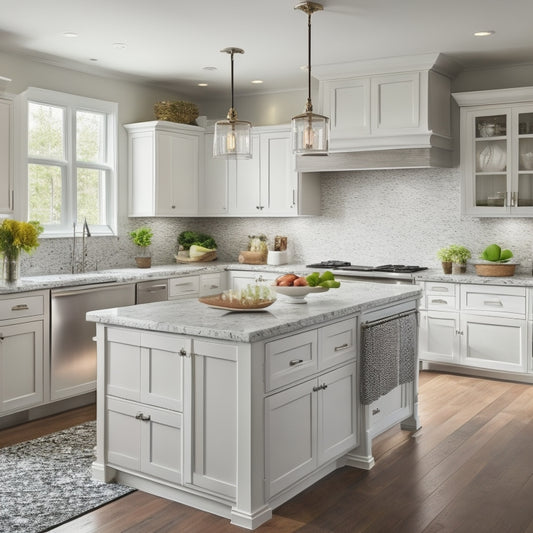 A bright, stylish kitchen with creamy white cabinets, gray quartz countertops, and a large island featuring a built-in cooktop, ample storage, and a built-in utensil organizer.