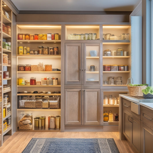 A modern kitchen with a tall pantry cabinet, featuring sleek pull-out shelves filled with organized jars, spices, and canned goods, illuminated by soft, warm lighting, showcasing a harmonious blend of functionality and elegance.