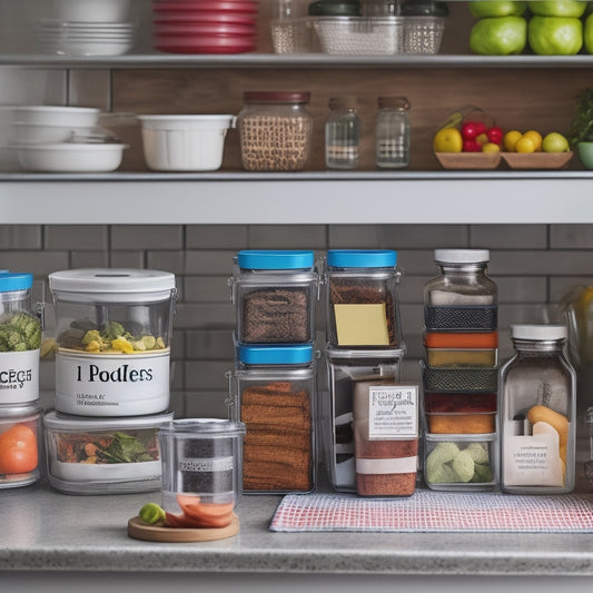An organized kitchen counter with a set of labeled, color-coded glass containers, a small fridge with allergy-friendly stickers, and a calendar with meal prep scheduling notes.