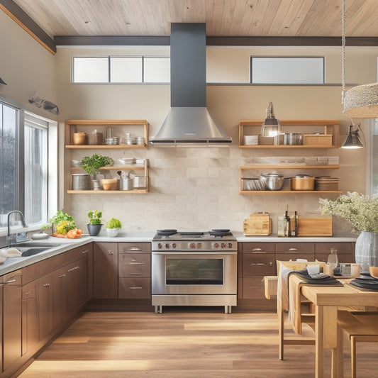 A modern kitchen featuring a sleek, metallic pot rack, elegantly suspended from the ceiling, with neatly arranged cutting boards underneath. Soft, natural lighting highlights the wooden cabinets and stainless steel appliances.