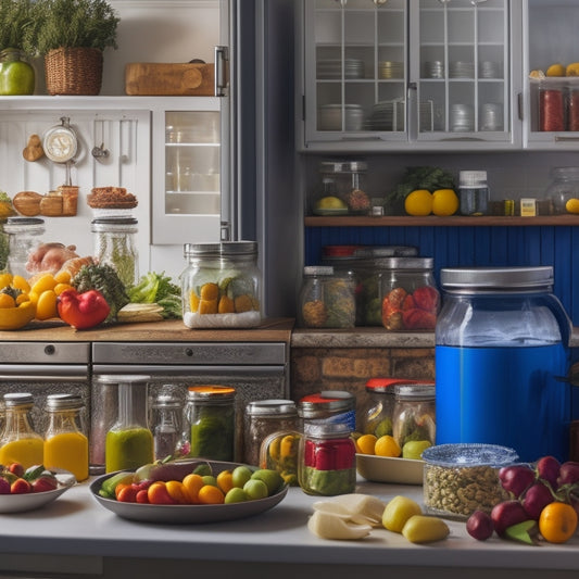 A well-organized kitchen counter with a variety of colorful fruits and vegetables, a few Mason jars filled with canned goods, and a thermometer next to a refrigerator with a slightly ajar door.