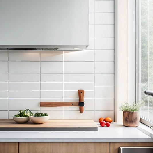 A sleek, minimalist kitchen featuring a polished wooden magnetic knife holder mounted on a white tiled wall, showcasing elegant chef knives. Soft natural light filters through a nearby window, highlighting the modern decor.