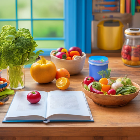 A bright and airy kitchen with a large wooden table at its center, surrounded by colorful vegetables, a notebook with a pen, and a few open cookbooks with recipes marked with sticky notes.